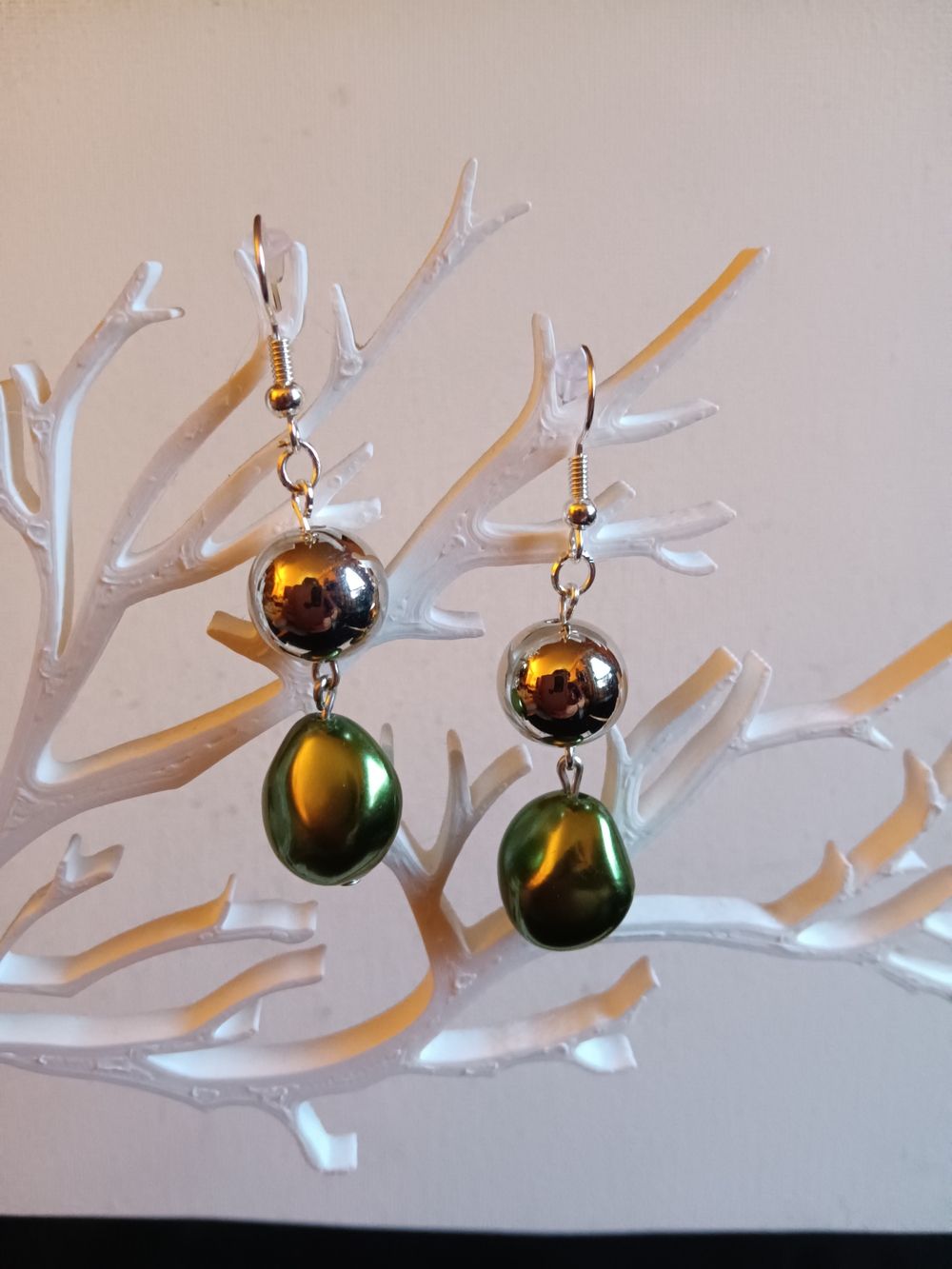 Green Drop Pearl and Silver Ball Dangle Earrings - Women Jewelry